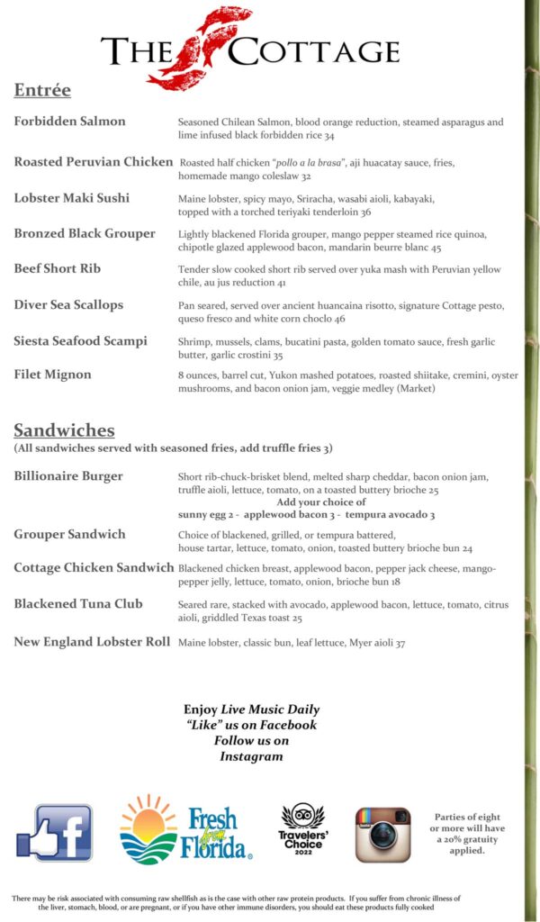 Menu - The Cottage Siesta Key